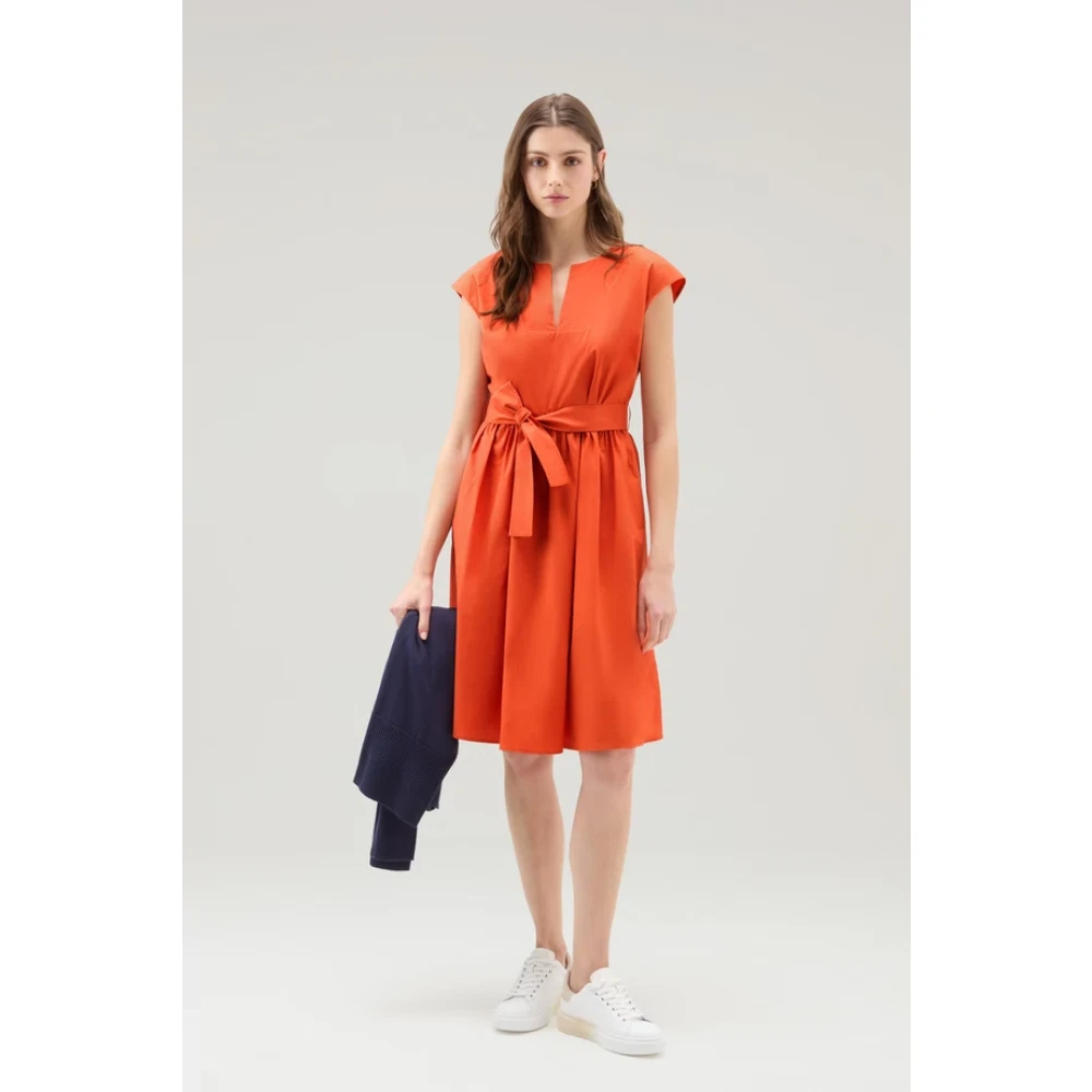 Woolrich Katoenen Popeline Jurk met Wijdvallende Rok Orange Dames