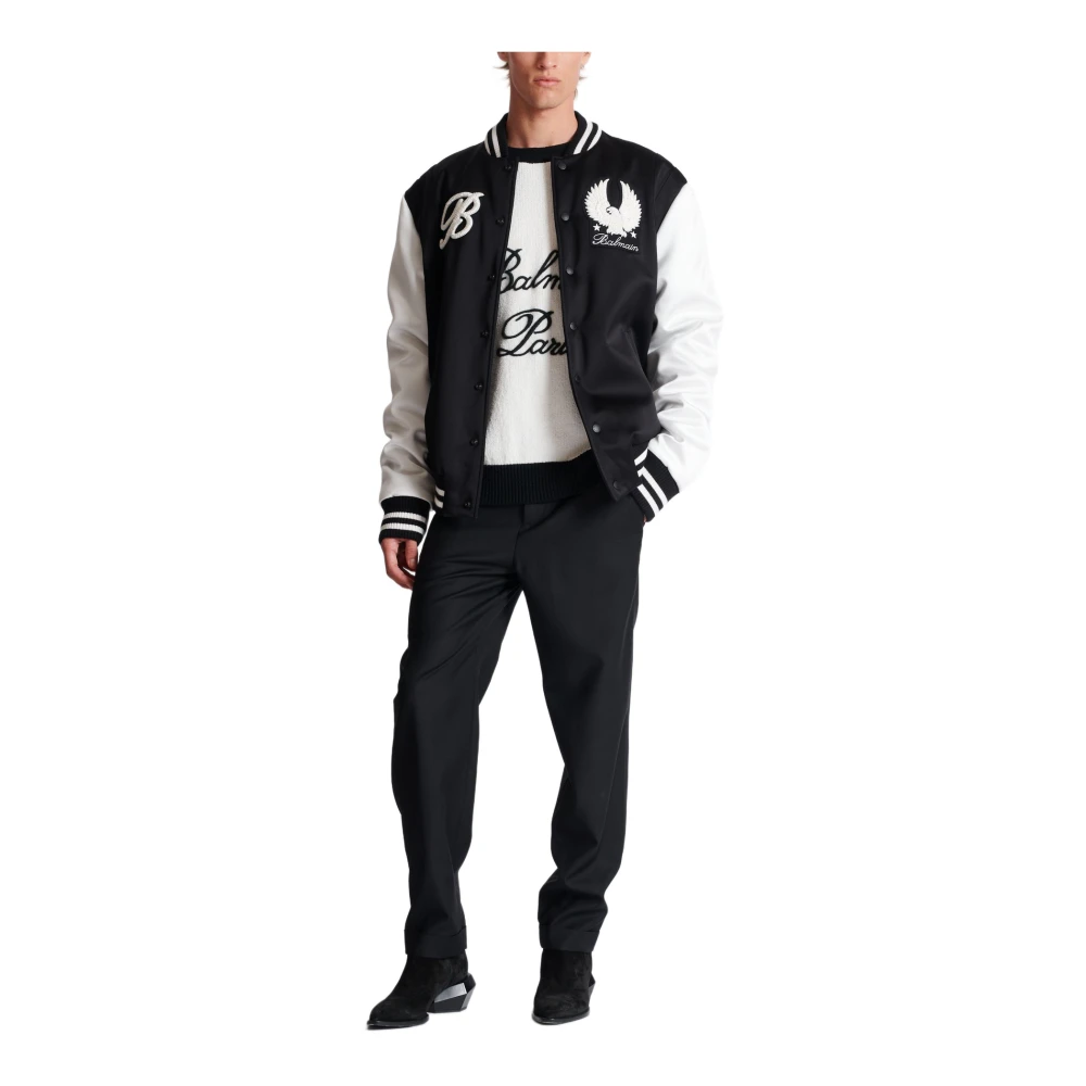 Balmain Satijnen Varsity Jas met Geborduurde Badges Black Heren