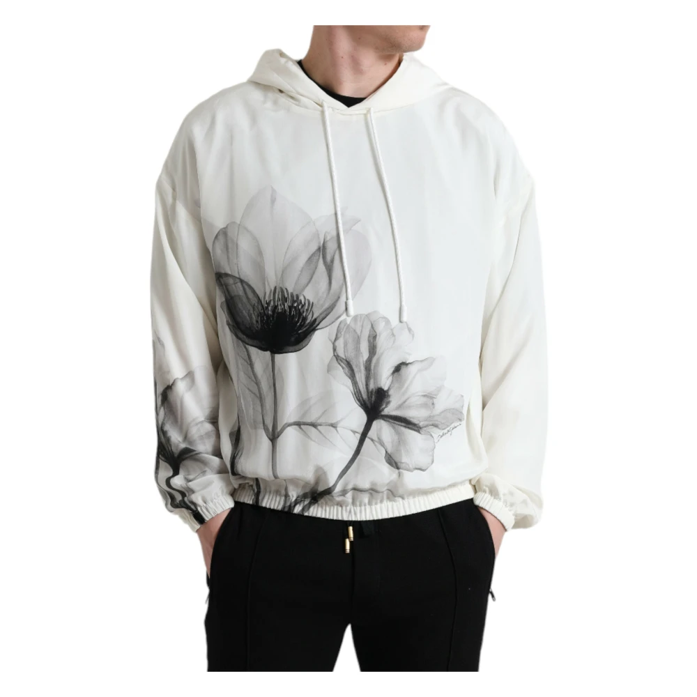 Dolce & Gabbana Elegante Bloemen Zijden Hoodie White Heren