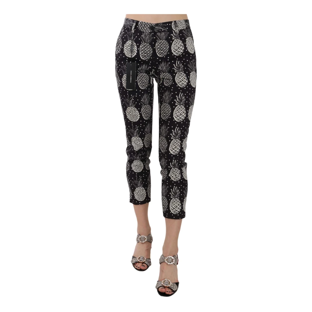 Dolce & Gabbana Women's Black Cropped Trousers, L, Pineapple Print Skinny Capri Trousers