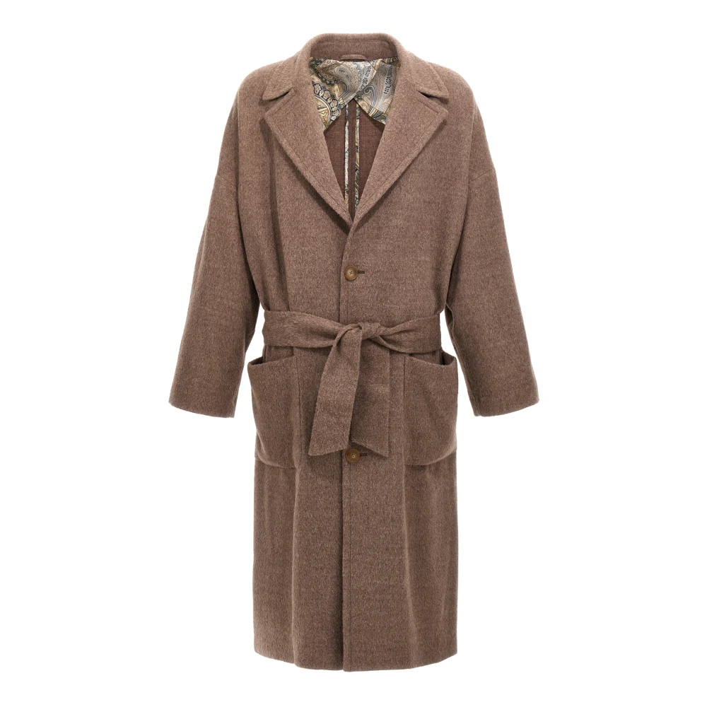 Etro Belted Coats, Male, S, Single-Breasted Wool Coat Beige