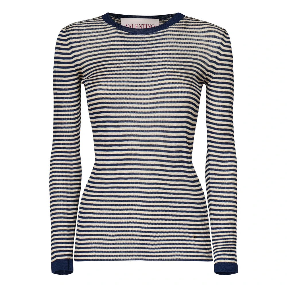 Valentino Garavani Blauw Gestreepte Zijden Trui Blue Dames