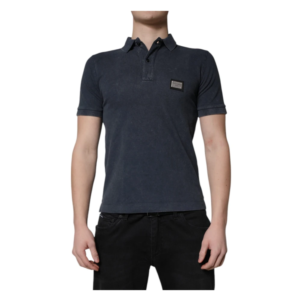 Dolce & Gabbana Men's Blue Polo Shirts, S, Logo Plaque Cotton Polo Shirt