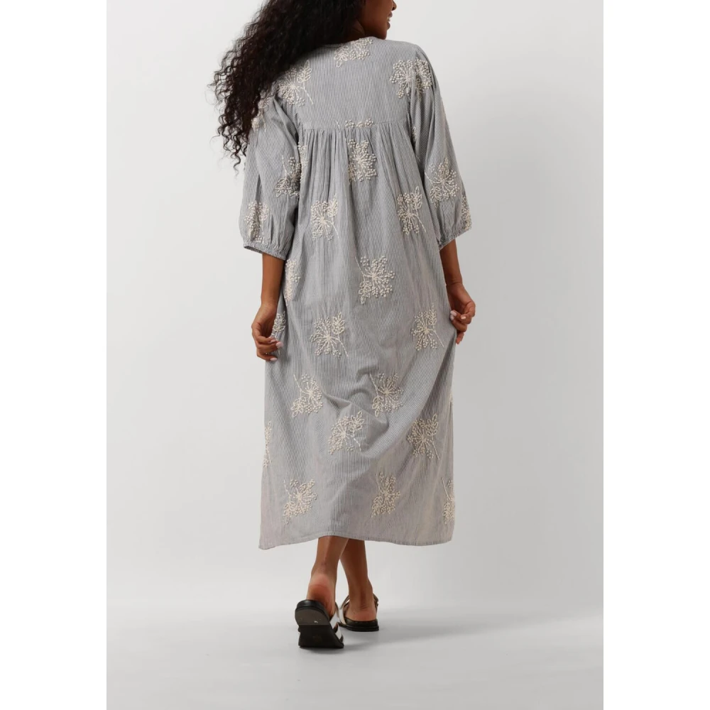 Summum Woman Elegante Midi Jurk Zware Borduur Streep Blue Dames
