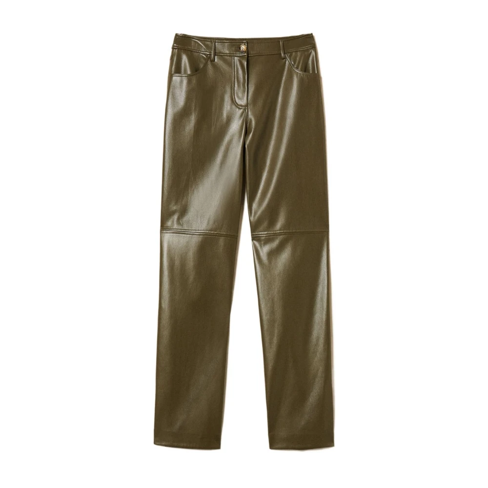 Twinset Green Straight Trousers, Female, M, Faux Leather Panelled Trousers