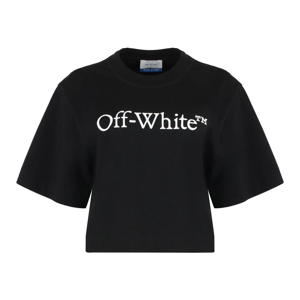 Off White Women's Black Cropped Cotton T-Shirt With Logo Print - T-Shirts - M - Tops