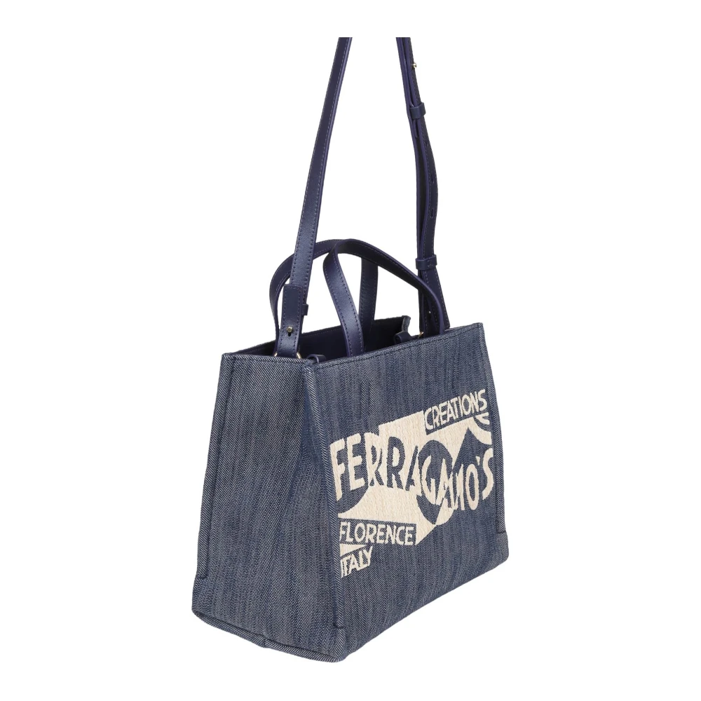 Salvatore Ferragamo Denim Tote Tas met Leren Details Blue Dames