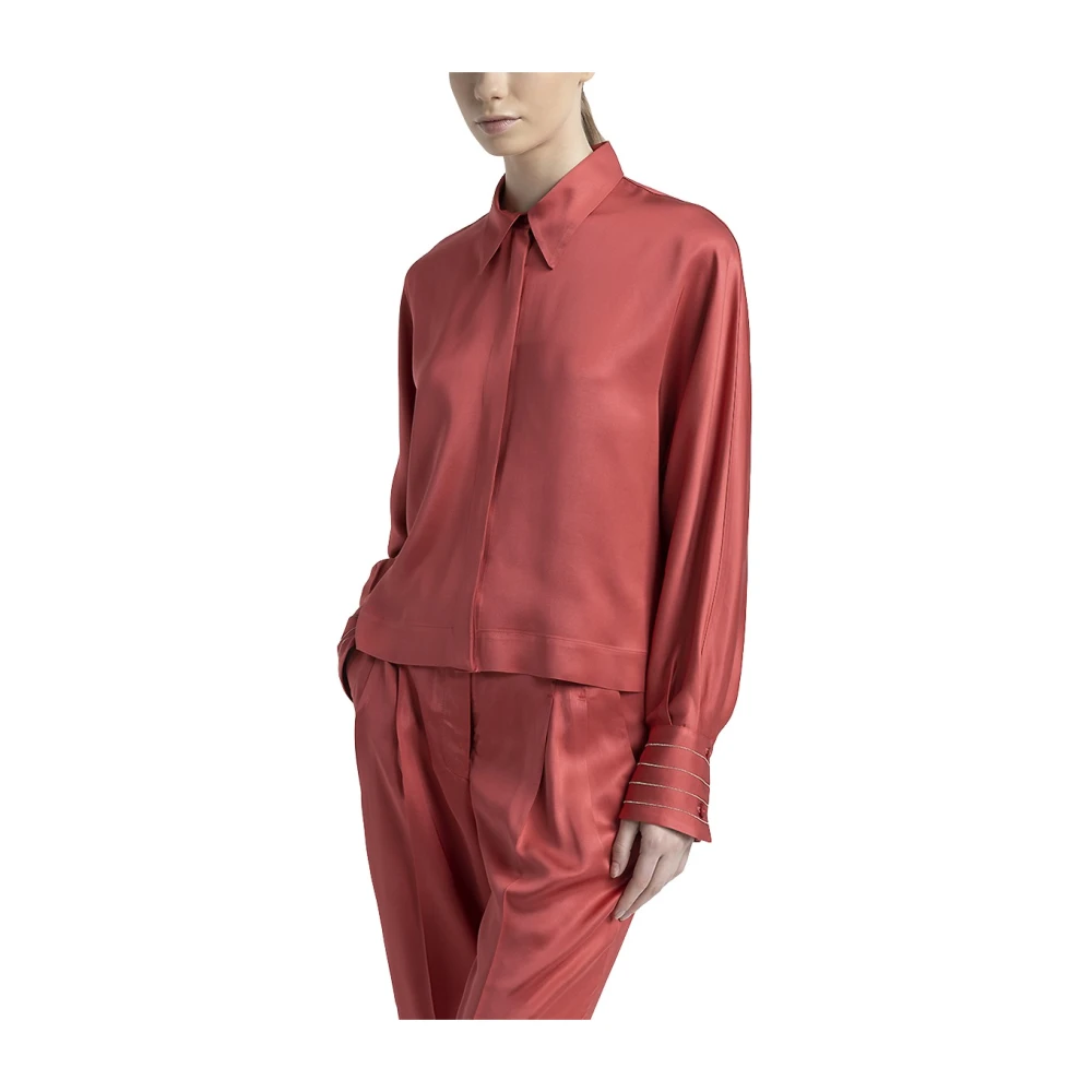 PESERICO Viscose satijnen oversized cropped shirt Red Dames