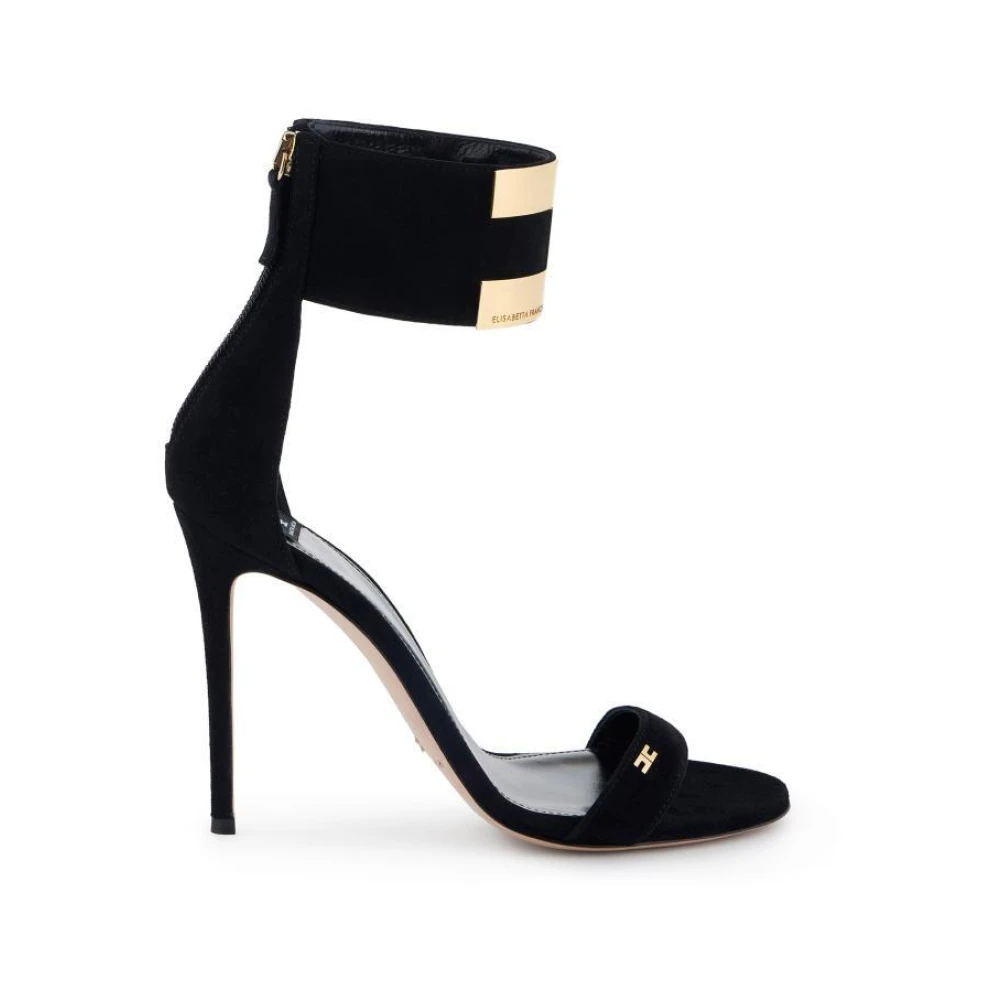 Elisabetta Franchi, Schoenen , Dames, Zwart, 40 EU, Leer, Suede Sandalen met Logo van Juwelen