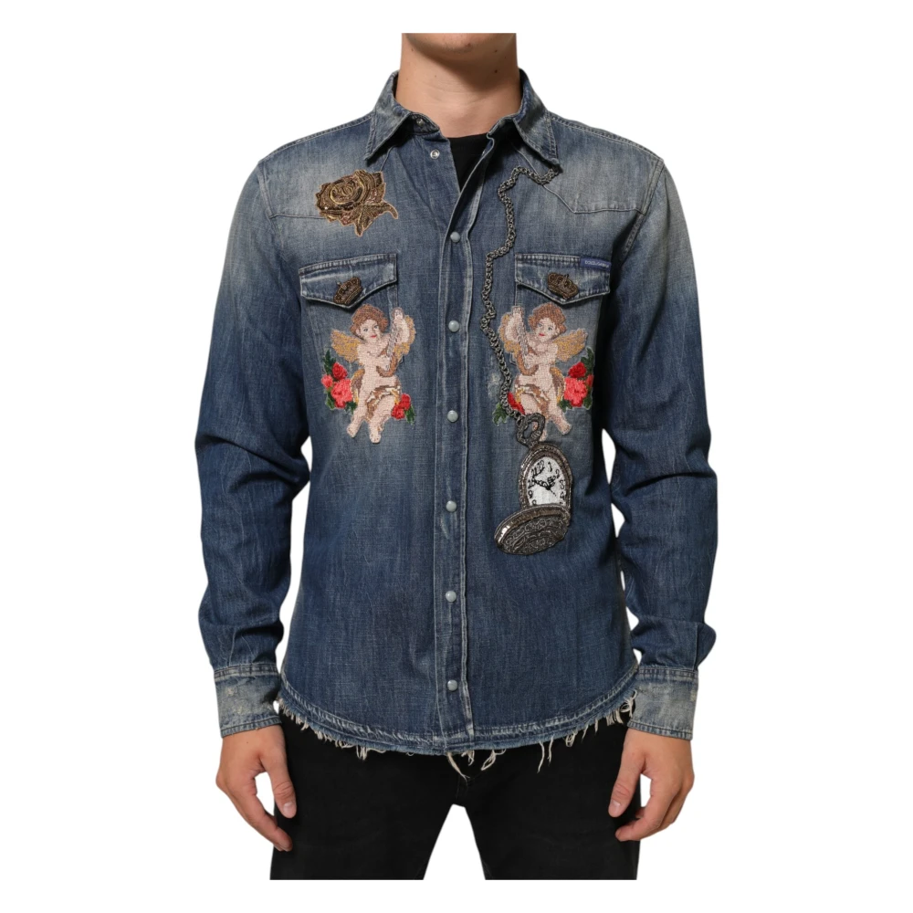 Dolce & Gabbana Men's Blue Angel Patch Denim Buttoned Down Shirt