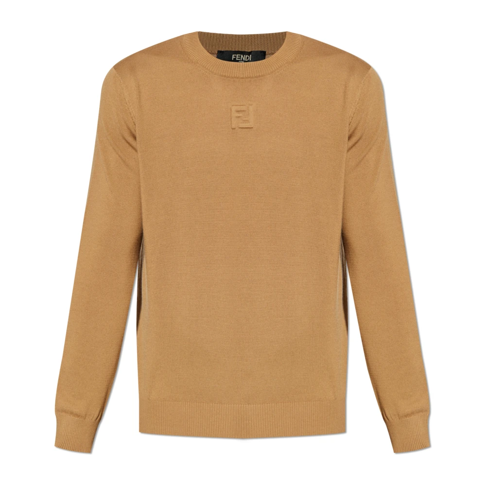 Fendi Men's Beige Round-Neck Knitwear, L, Jumper With Embossed Logo