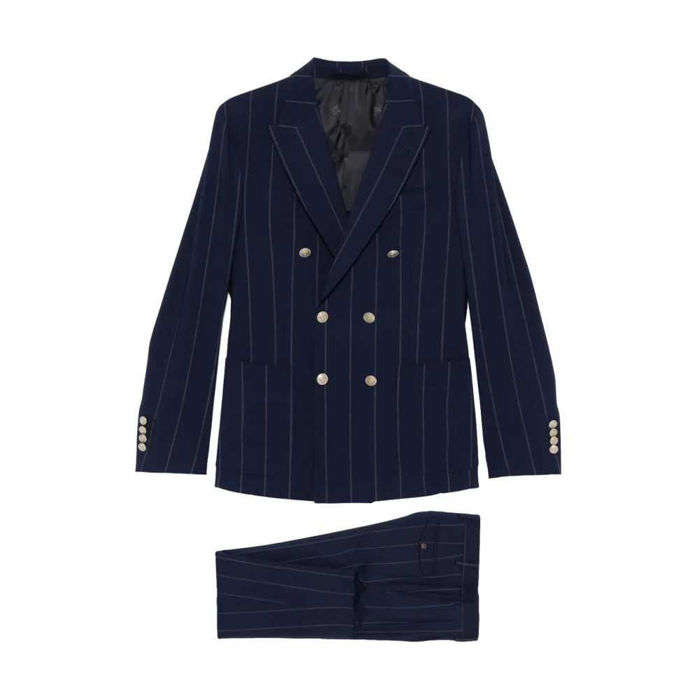 Eleventy Men's Blue Double Breasted Suits, 2XL, Wool Suit
