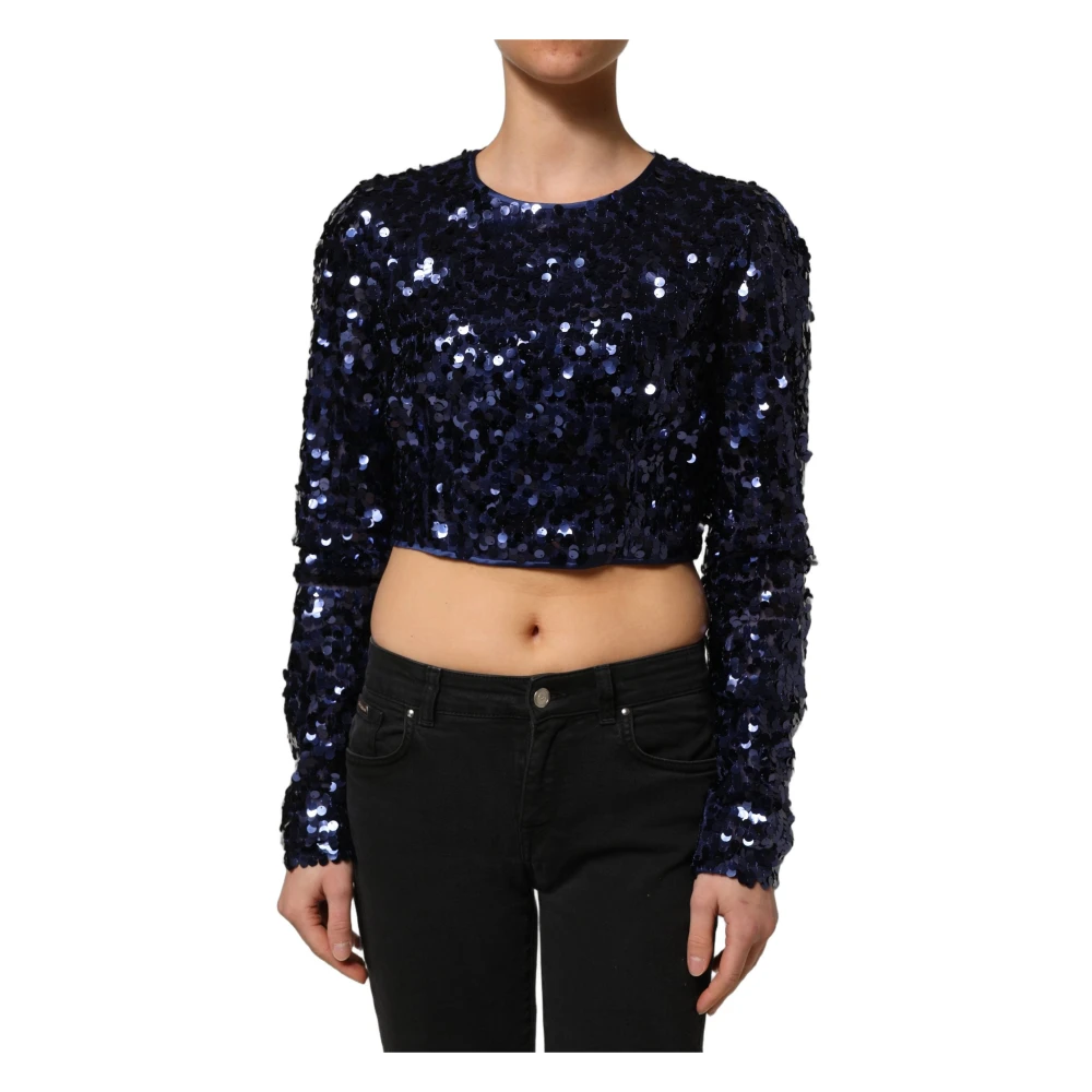 Dolce & Gabbana Blue Sequined Long-Sleeve Crop Top - Female - Blouses - Xl - Blouses & Shirts