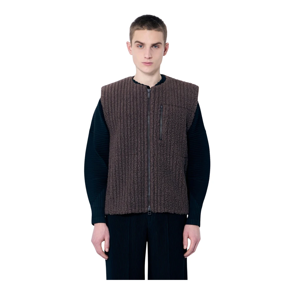 Issey Miyake Geribbelde Fleece Gilet met Ritszakken Brown Heren