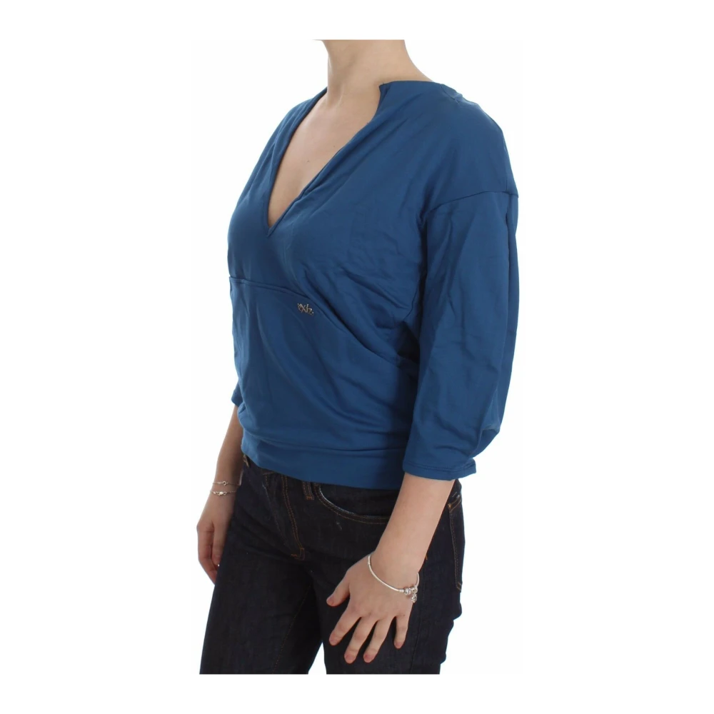 Exte Blue Cotton Top Pullover Deep V-neck Women Sweater - IT40|S - Image 2