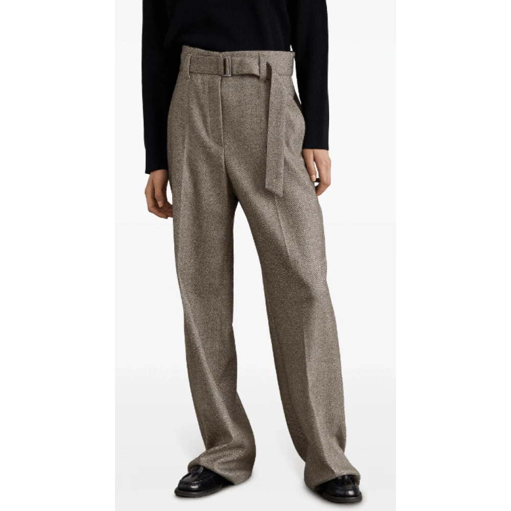 BRUNELLO CUCINELLI Herringbone Wool Blend Trousers Brown Dames
