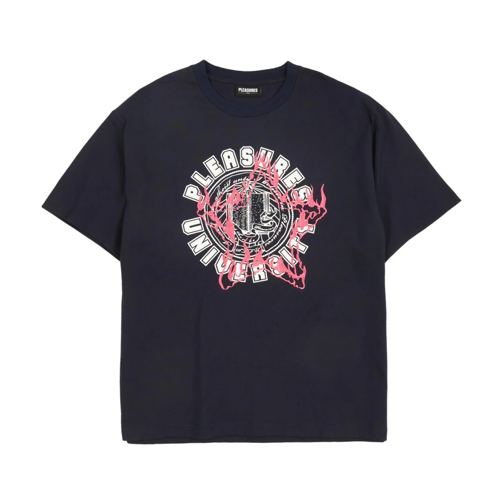 Pleasures Donkerblauw Universiteitslogo Katoenen T-shirt Blue Heren