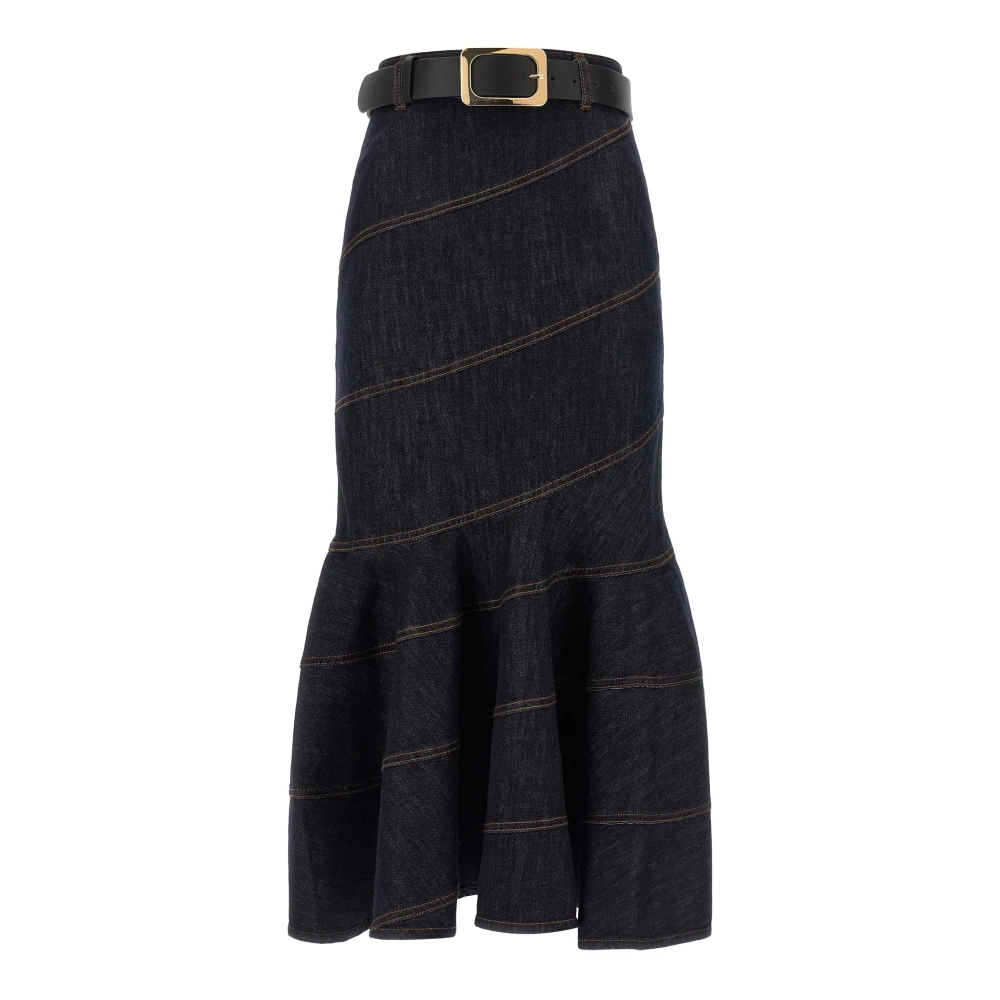 Self Portrait Women's Blue Indigo Denim Belted Midi Skirt - Denim Skirts - 2XS - Skirts