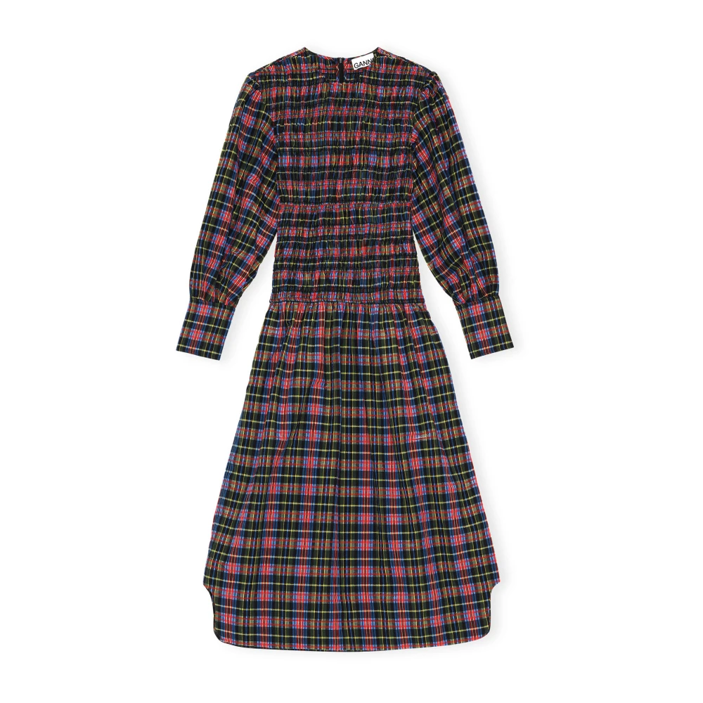Ganni Geruite Seersucker Jurk met Smok Multicolor Dames