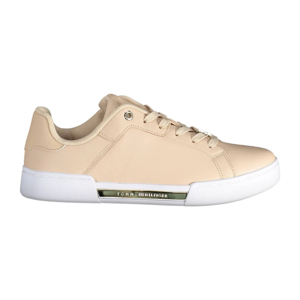 Tommy Hilfiger Women's Beige Sneakers, 3 Uk, Sporty Pink Lace-Up Trainers With Contrast Details