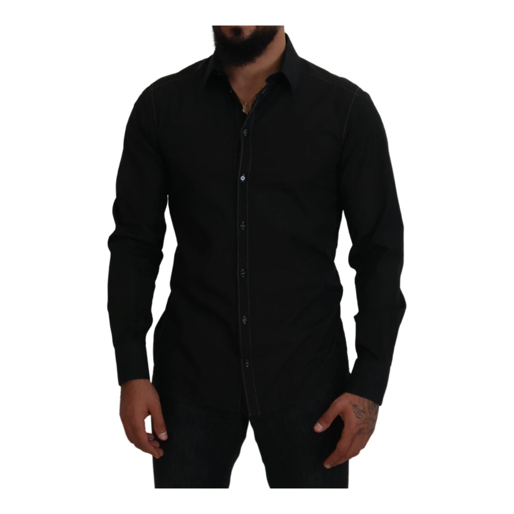 Dolce & Gabbana Zwarte Katoenen Kraag Lange Mouw Shirt Black Heren