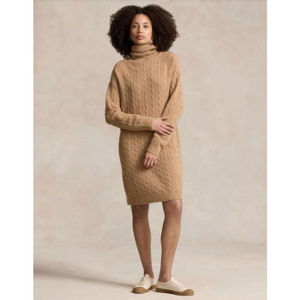 Ralph Lauren Luxe Kabelgebreide Jurk van Wolmix Beige Dames