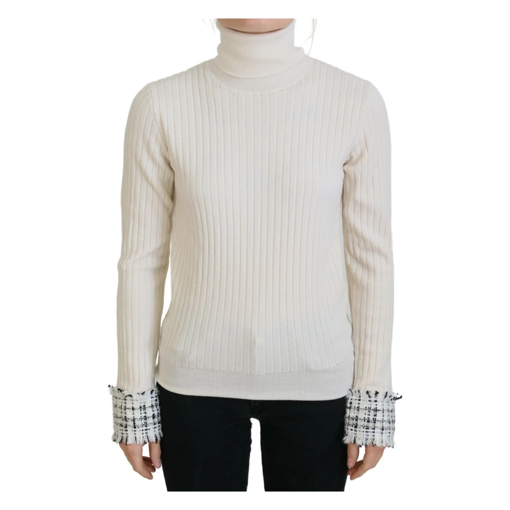 Dolce & Gabbana Women's White Turtlenecks, Xl, Turtleneck Distressed Cuff Pullover Jumper