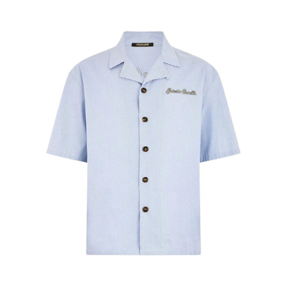 Roberto Cavalli Men's Blue Short Sleeve Shirts, Xl, Striped Shirt With Embroidered Logo