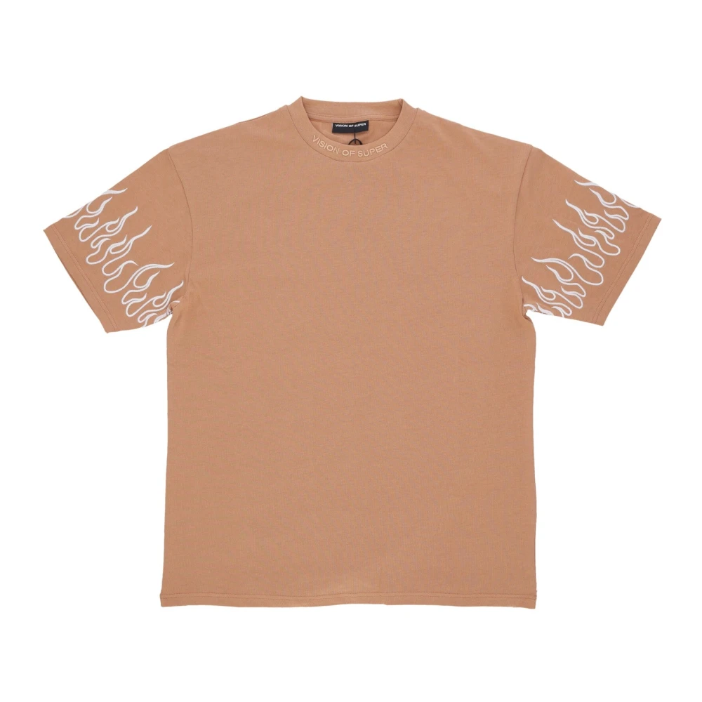 Vision Of Super Men's Orange T-Shirts, L, Flame Embroidery Tee Terracotta T-Shirt