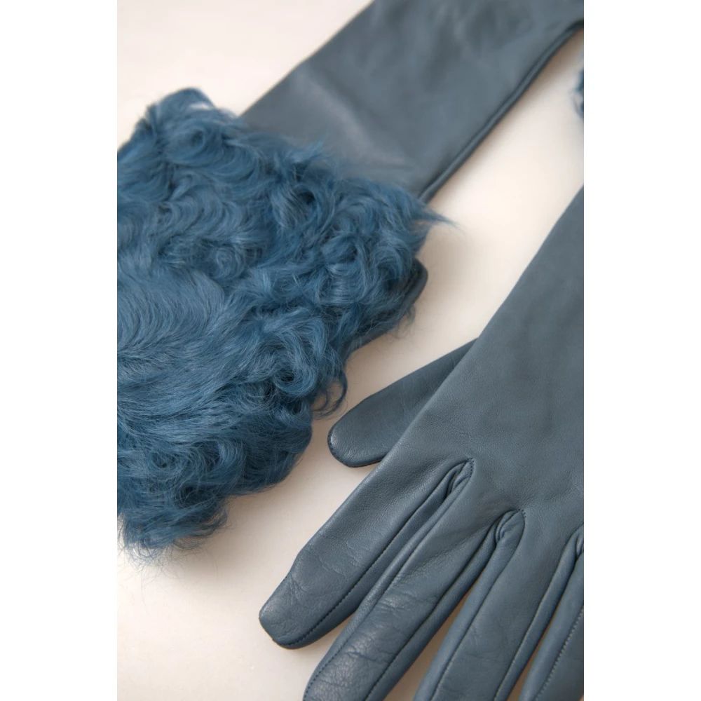 Dolce & Gabbana Luxe Blauwe Leren Handschoenen met Bontafwerking Blue Dames