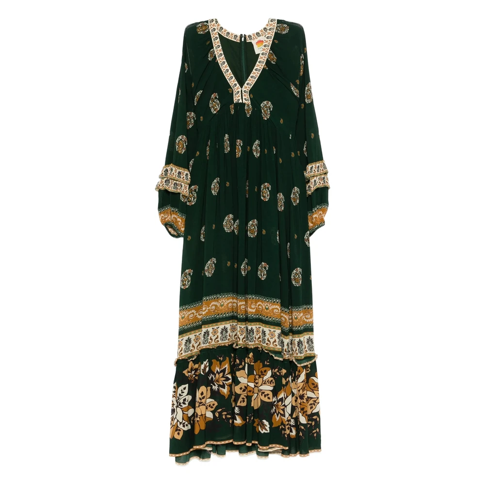 Farm Rio Women's Green Maxi Dresses, Xs, V-Neck Tiered Maxi Dress