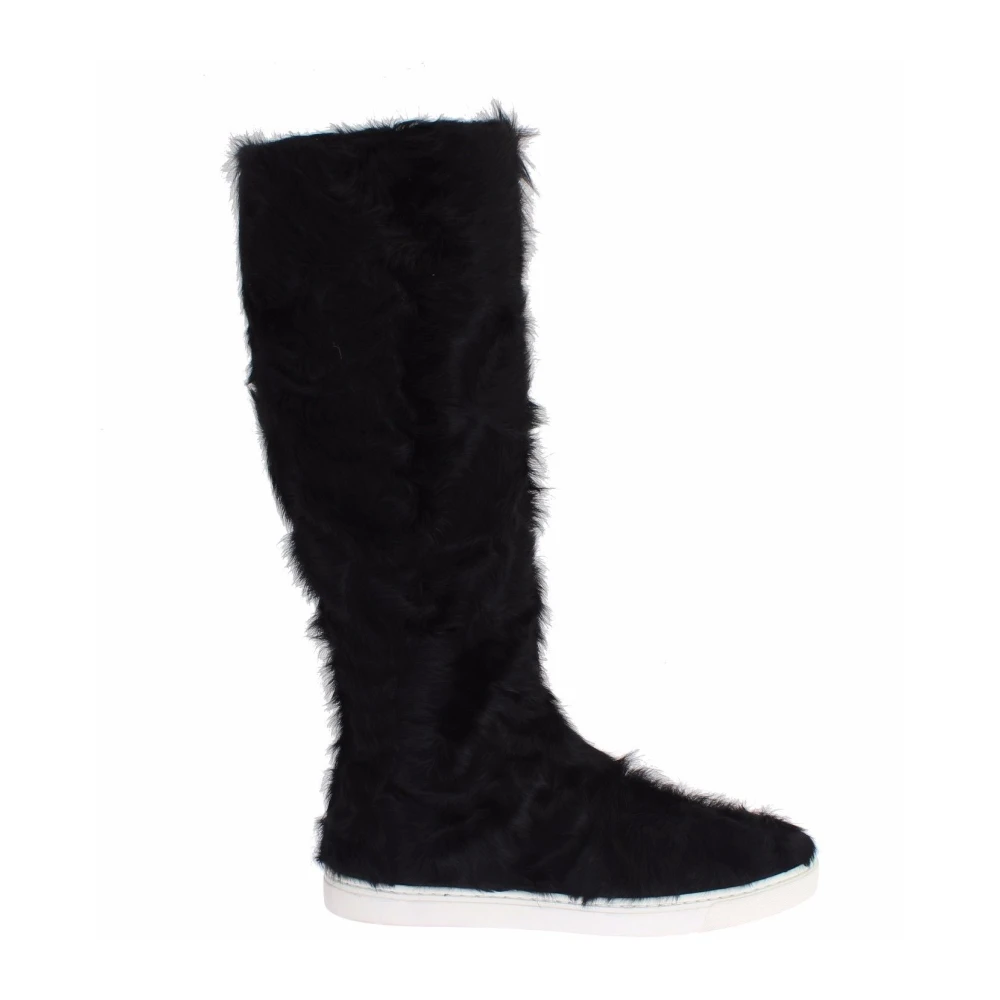 Dolce & Gabbana Women's Black Elegant Fur Leather Flat Sneaker Boots