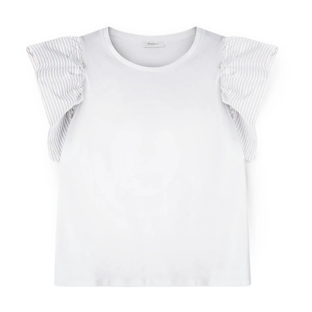 Motivi Gestreept T-shirt met Ruches Mouwen White Dames
