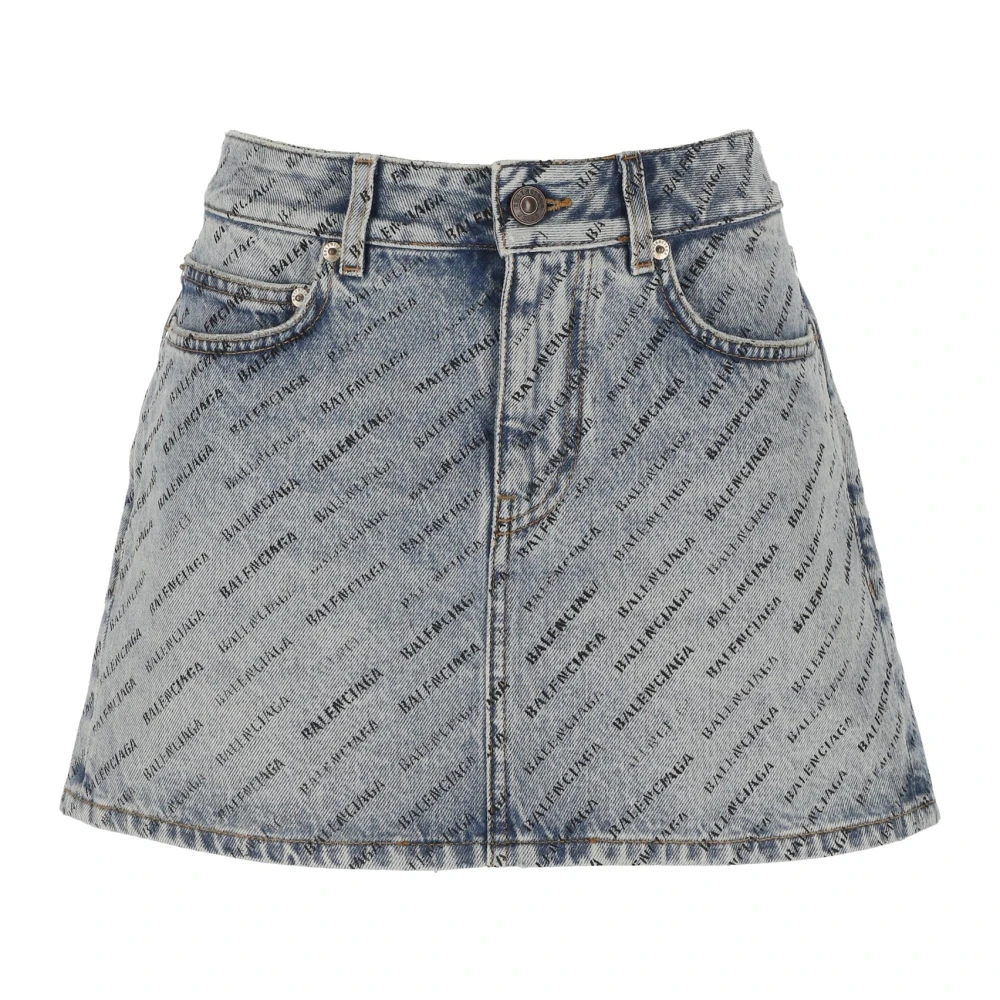 Balenciaga Logo Print Denim Rok Blauw Blue Dames