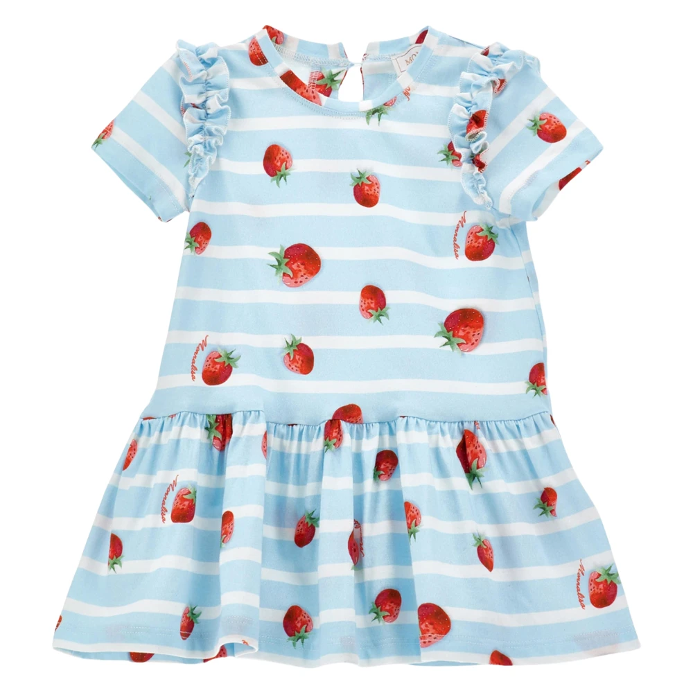 Monnalisa Girls Blue Dresses, 18 M, Striped Strawberry Dress
