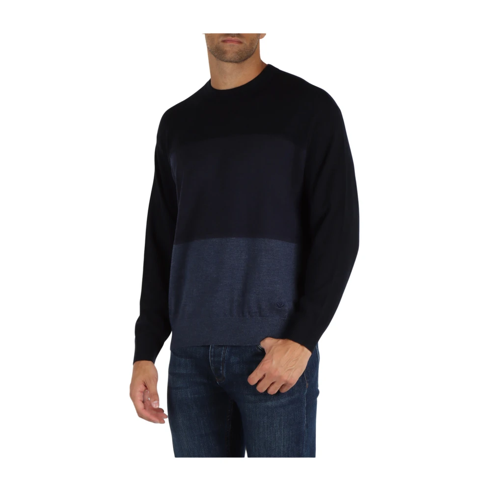 Emporio Armani Wollen trui met kleurblok ronde hals Blue Heren