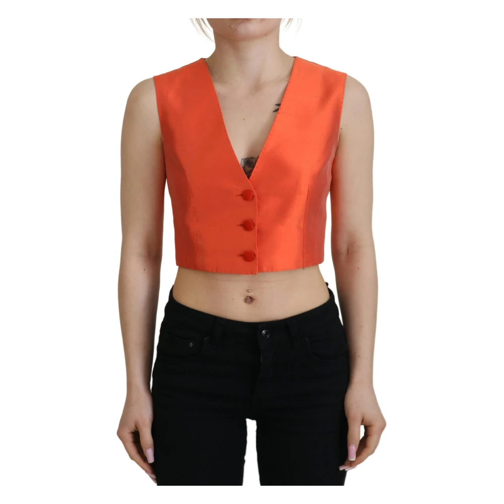 Dolce & Gabbana , Waistcoats, Female, Orange, S, Silk Logo Button Waistcoat Orange - Image 3