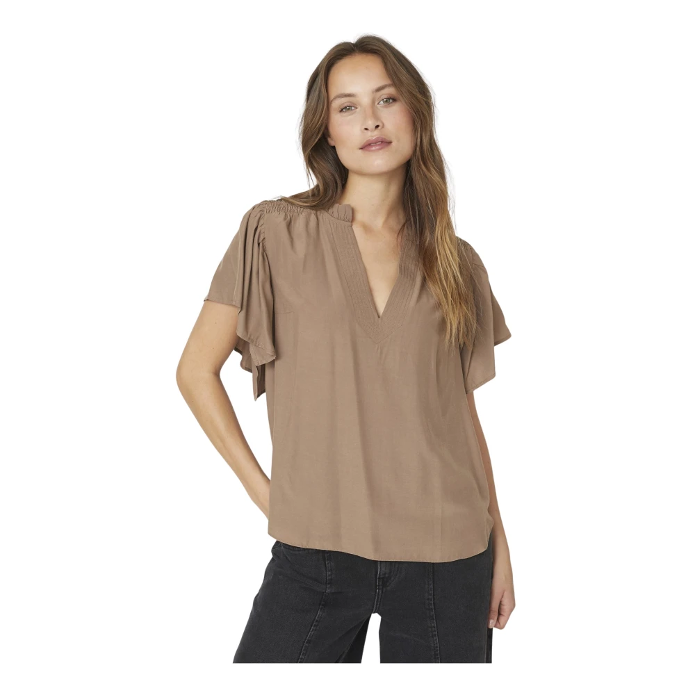 Co'couture Women's Brown Blouses, L, Toracc Frill V-Top Bluse