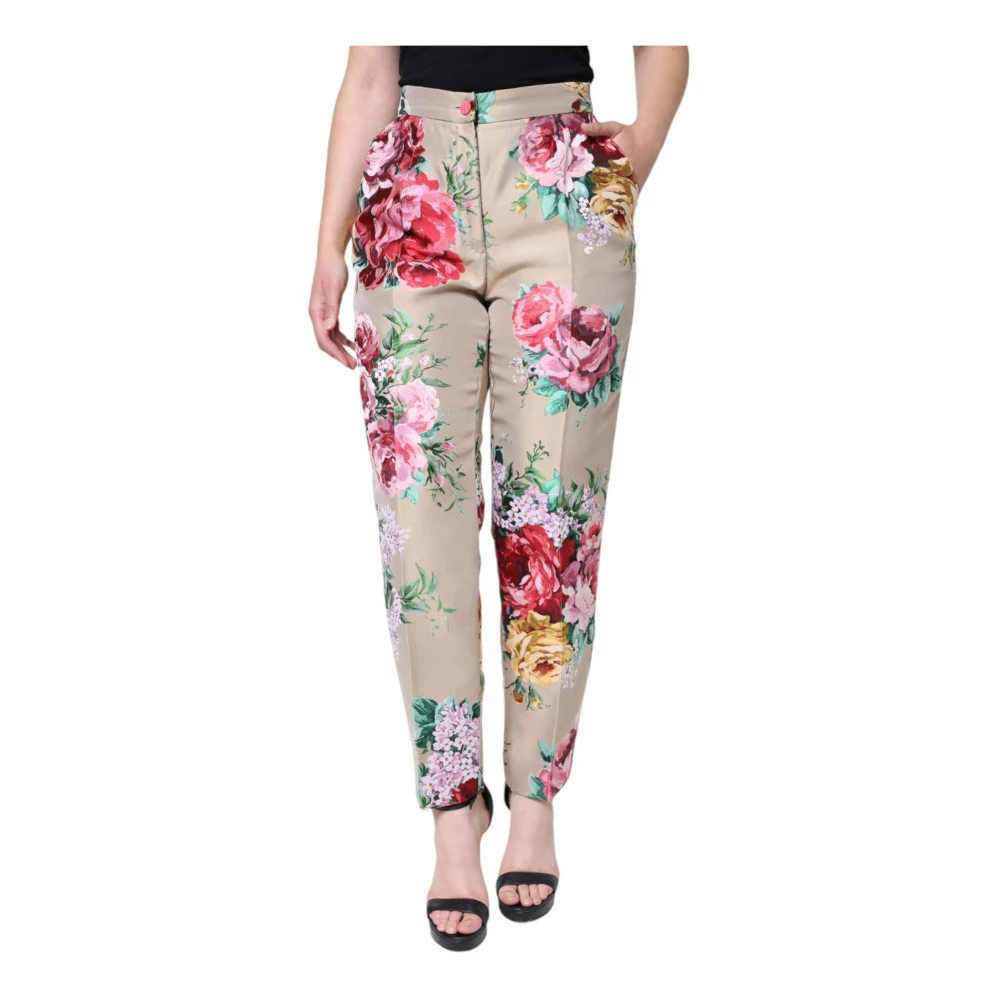 Dolce & Gabbana Multicolor Blommig Jacquard Tapered Byxor Beige