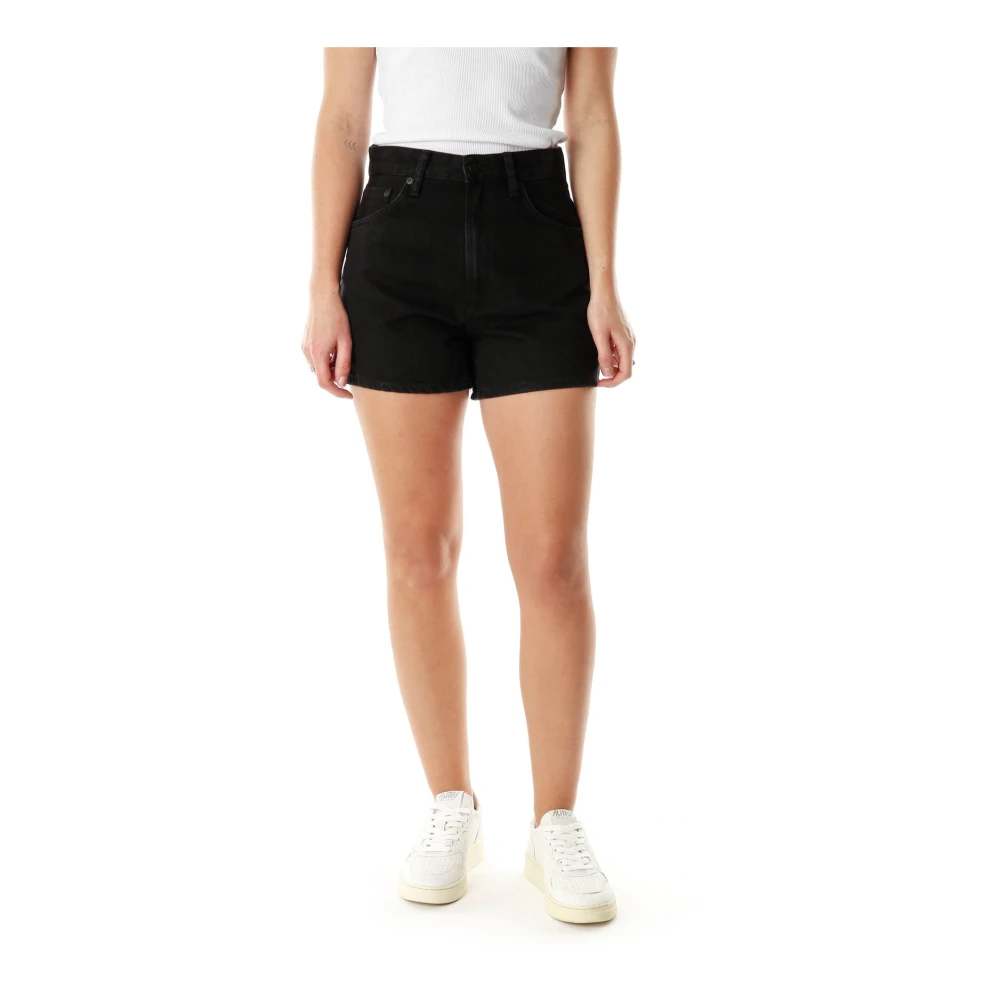 Nudie Jeans Hoge Taille Wijde Pijp Denim Shorts Black Dames