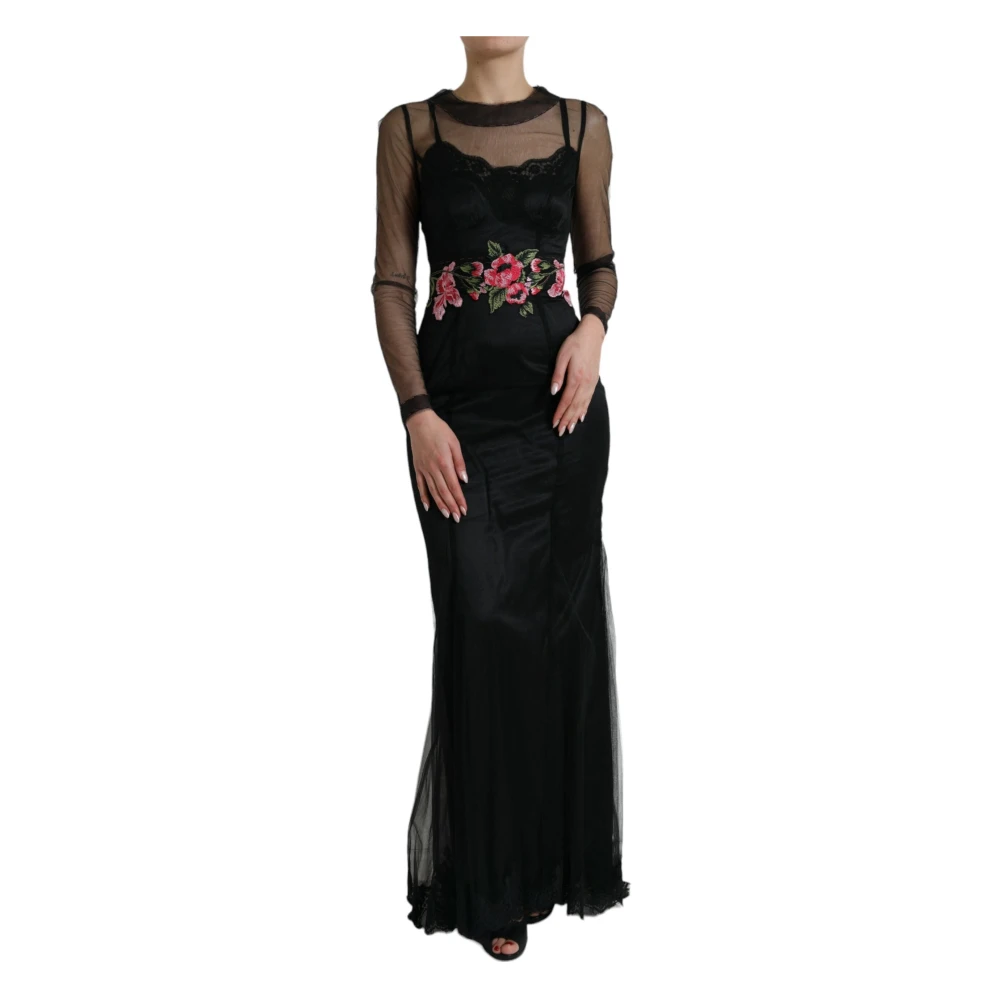 Dolce & Gabbana Elegant Bloemenborduurwerk Tule Lange Avondjurk Black Dames