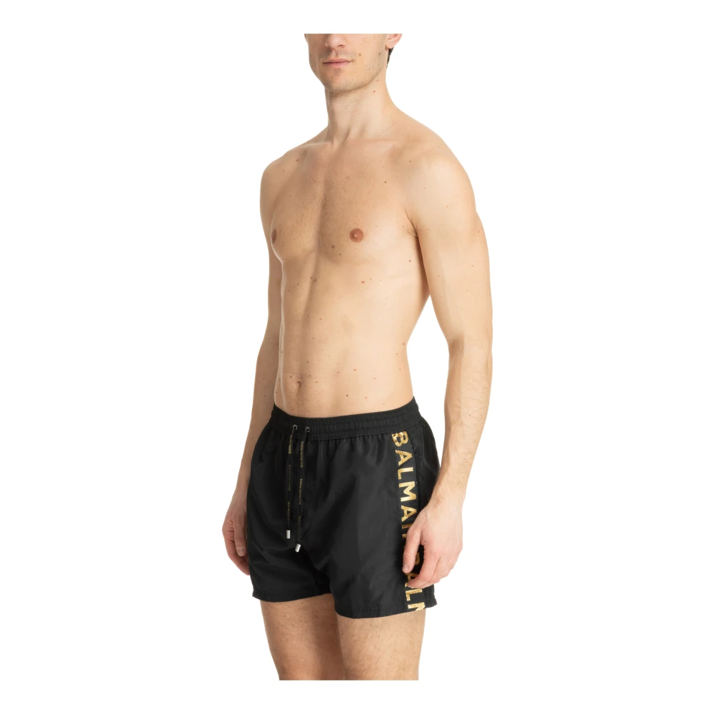 Balmain Trekkoord Zwemshorts Effen Logo Zakken Black Heren