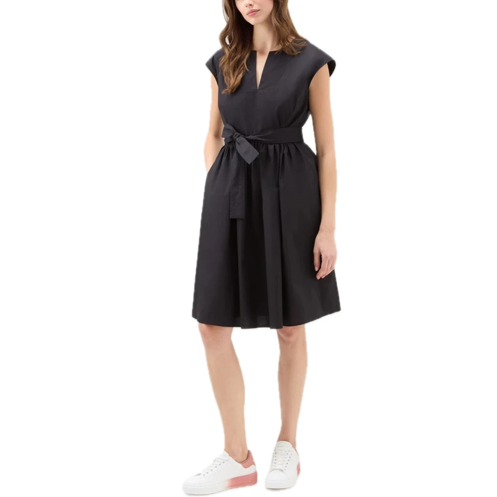 Woolrich Katoenen jurk met V-hals en riem Black Dames