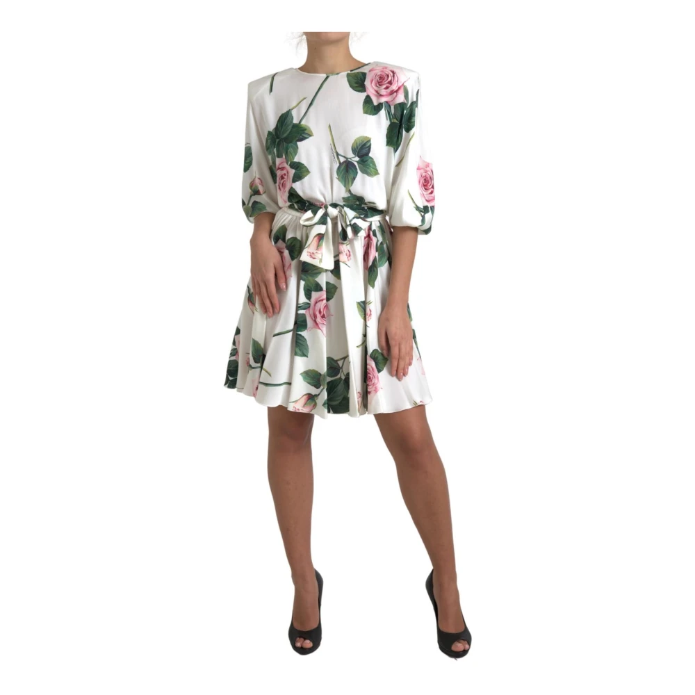 Dolce & Gabbana Zijden A-lijn jurk met witte rozenprint Multicolor Dames