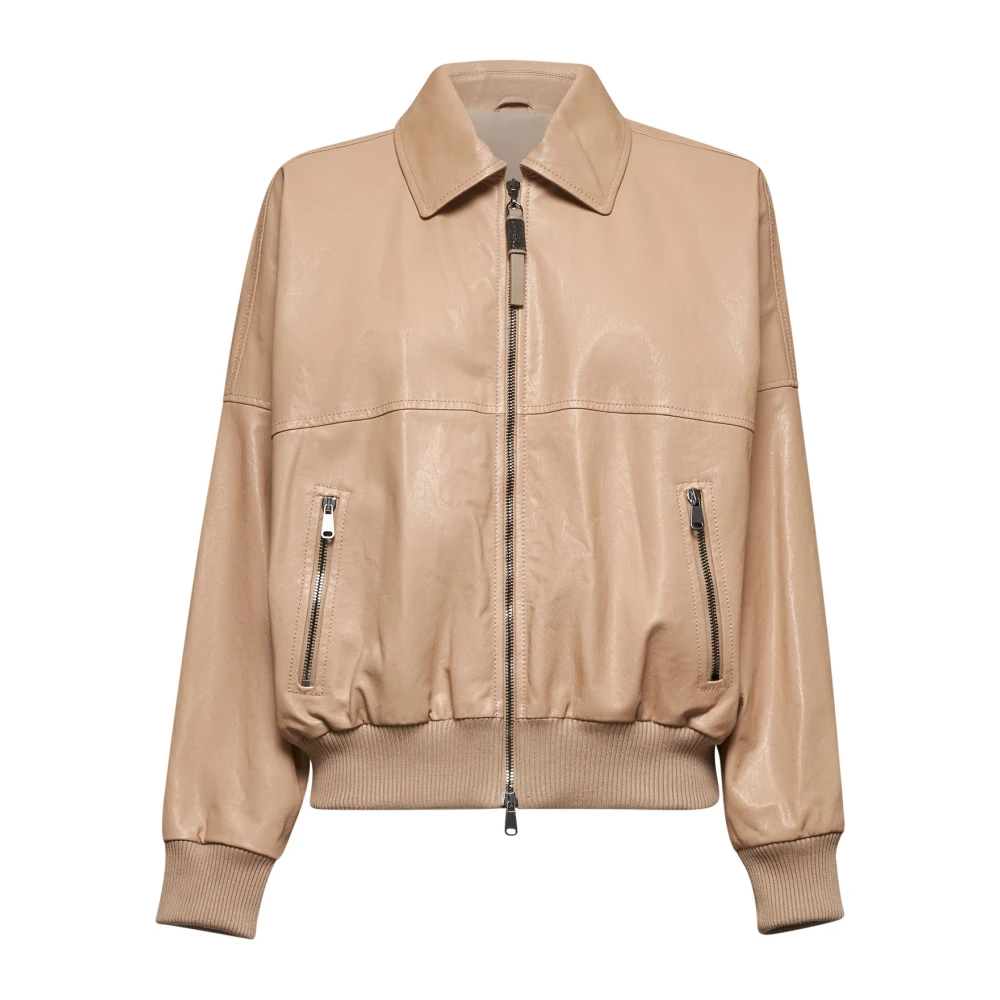 BRUNELLO CUCINELLI Nude Zip Jacket met Monili Borduurwerk Brown Dames