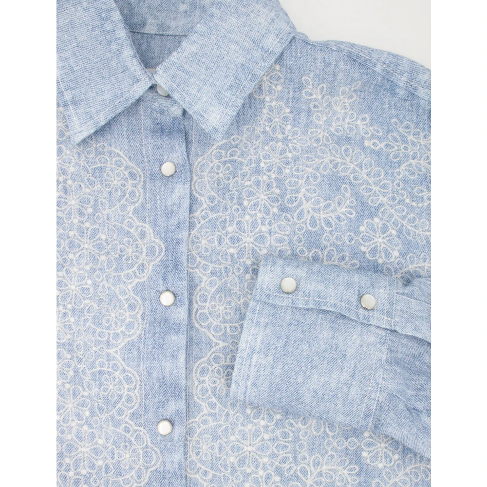 Ermanno Scervino Denim-effect Linnen Overhemd met Kantapplicaties Blue Dames