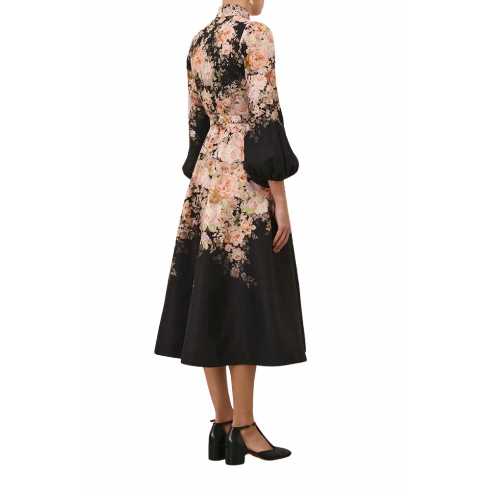 Zimmermann Zwart Rococo Bloemen Knoop Midi Jurk Multicolor Dames