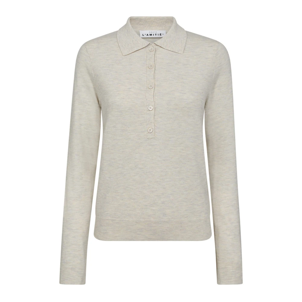 Haute L'amitié Women's Beige Polo Shirts, L, Pearl Knit Polo Jumper Premiere Style