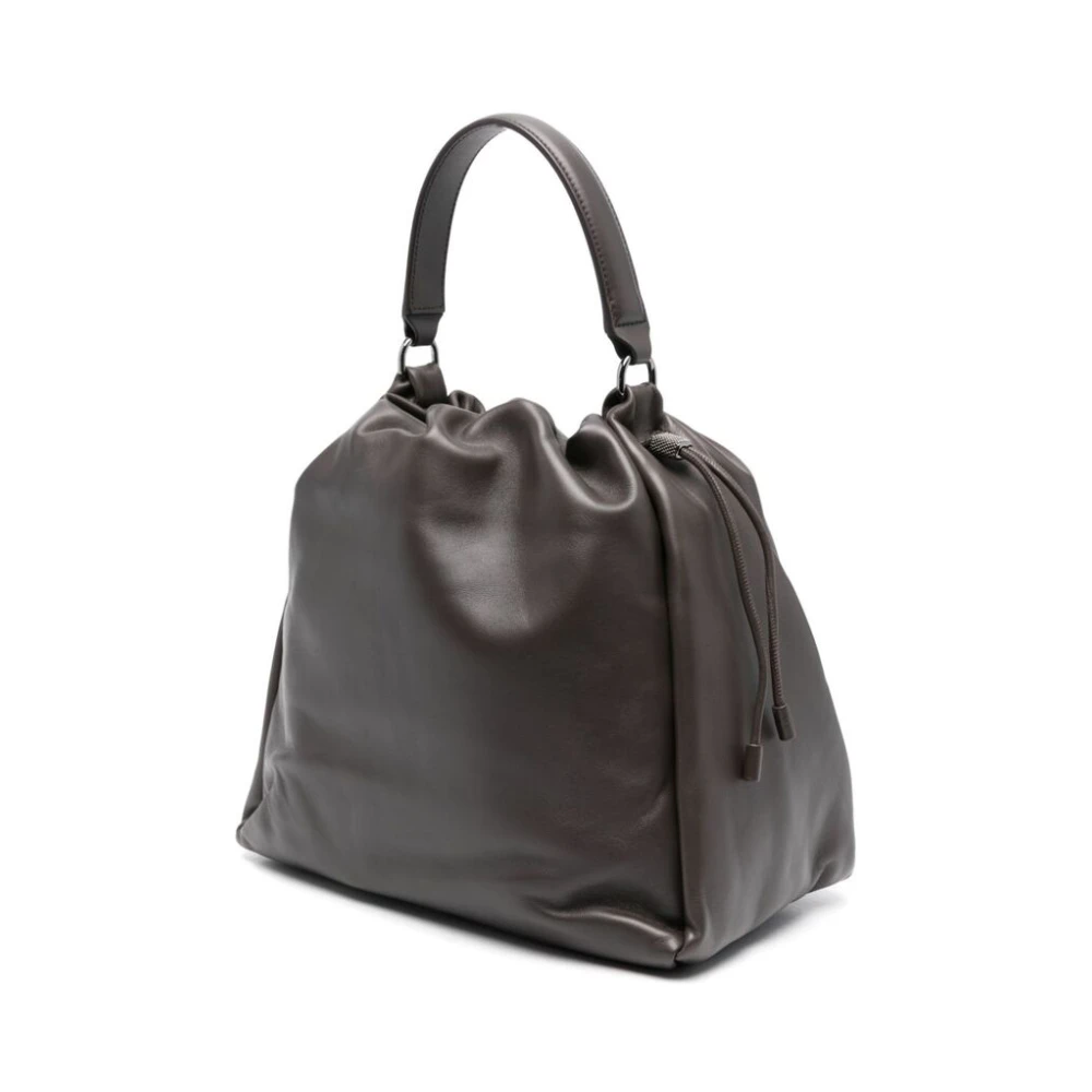 BRUNELLO CUCINELLI Grijze Leren Kettingdetail Trekkoord Tas Gray Dames