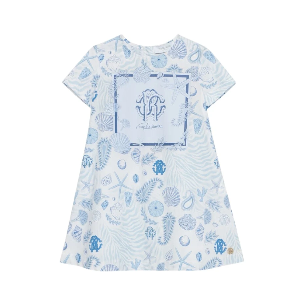 Roberto Cavalli Marine Print Cotton Flared Dress - Female - Dresses - Blue - 14 Y | 164 Cm - Kids